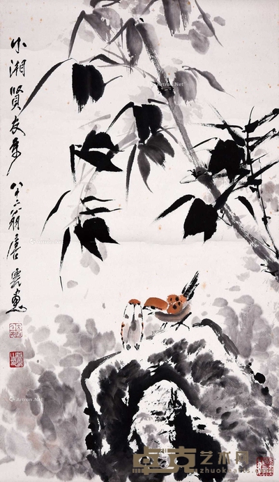 唐雲 竹雀图 立轴 69×40cm