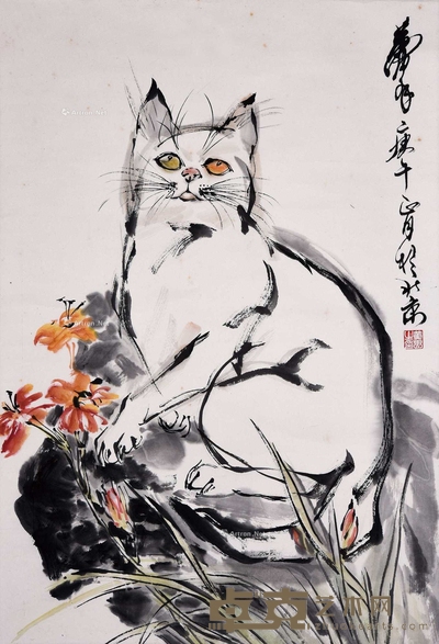 黄胄 猫趣图 立轴 69×47cm