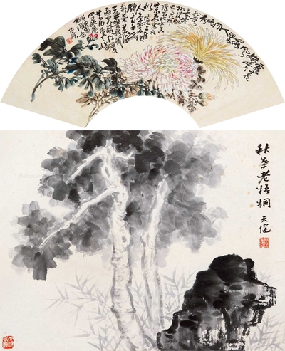谢公展 贺天健 人间晚秀 秋叶梧桐 立轴双挖