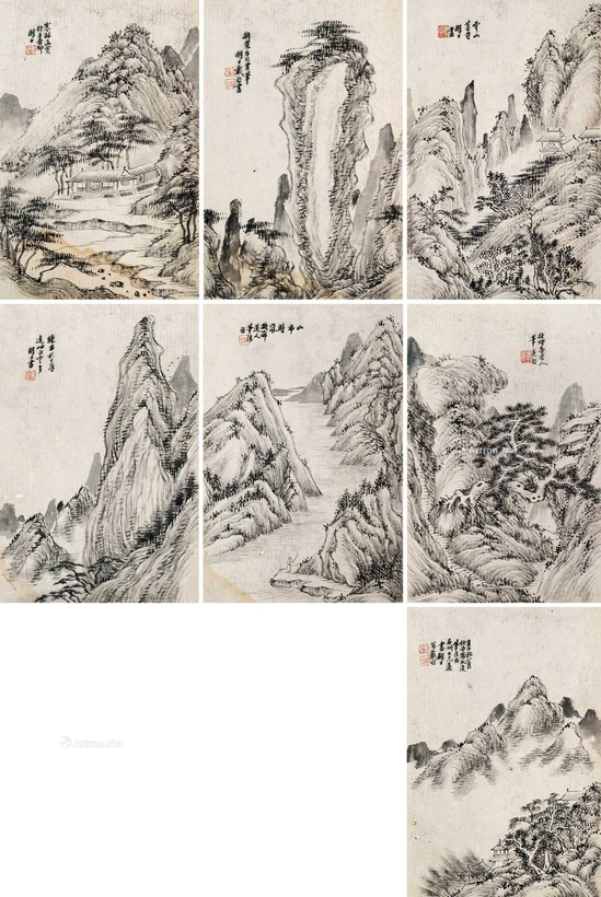 戴熙 壬子（1852）年作 仿古山水册 册页 （七开）