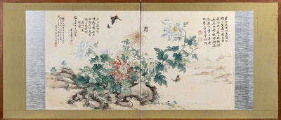 伍葆恒 花卉蝴蝶 对折屏风