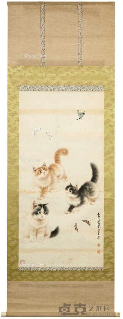 曹克黉 猫蝶図 挂轴 100×48cm