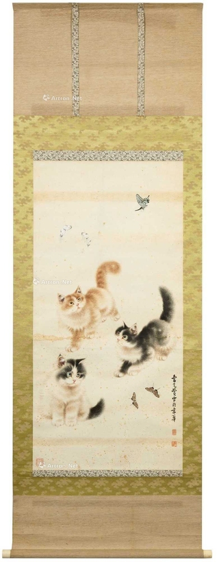 曹克黉 猫蝶図 挂轴