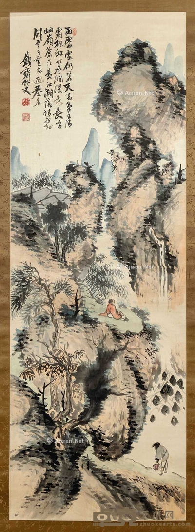 铁斋外史 山水人物 挂轴 153×53cm