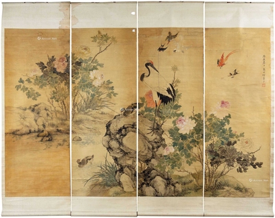 恽寿平 花鸟通景四条屏 挂轴