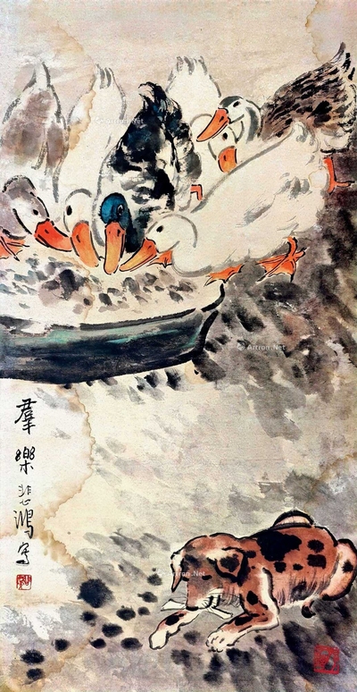 徐悲鸿 群乐图 镜心