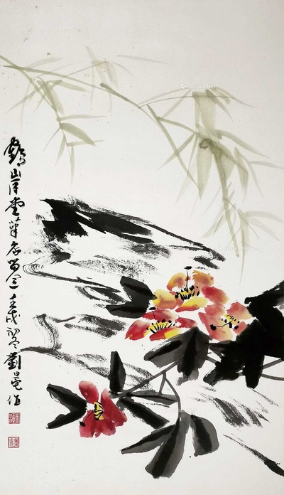 刘旦宅 翠竹茶花 镜片