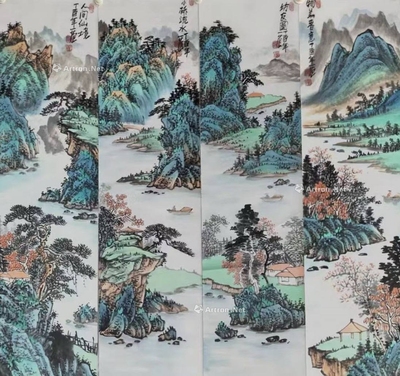 姜国华 山水四屏 镜框