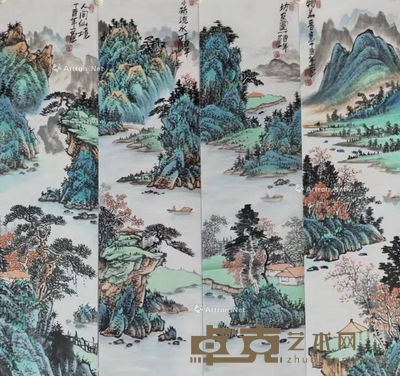 姜国华 山水四屏 镜框