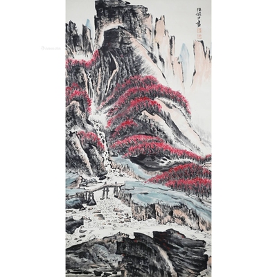 陆俨少 款 溪桥层染 镜片