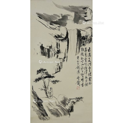 钱瘦铁 款 观瀑图 立轴