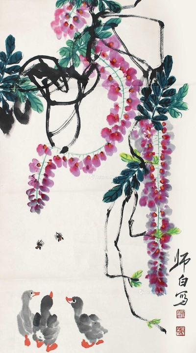 娄师白 紫藤小鸭 立轴