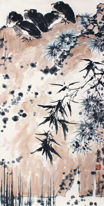 潘天寿 鸟石图 立轴