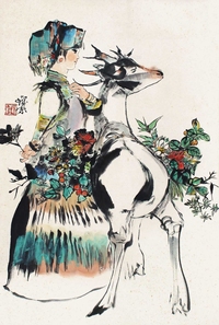 程十发 少女与鹿 立轴