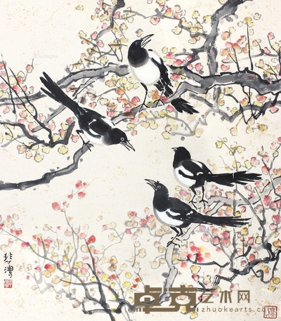 徐悲鸿 四喜图 立轴 63×35cm