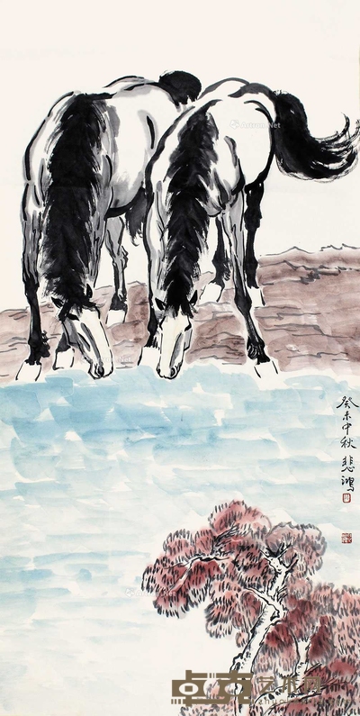 徐悲鸿 双骏 立轴 138×69cm