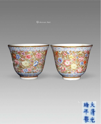 清代 百花不落地小杯一对