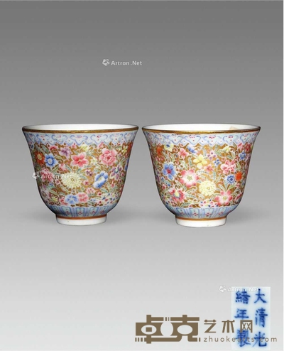 清代 百花不落地小杯一对 长5cm