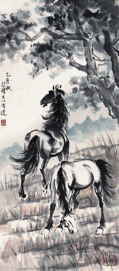 徐悲鸿 双骏 立轴