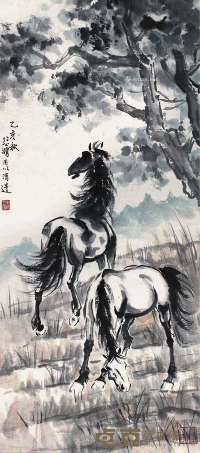 徐悲鸿 双骏 立轴 98×43cm
