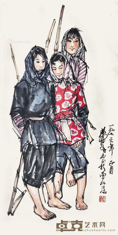 黄胄 三姐妹 立轴 137×69cm