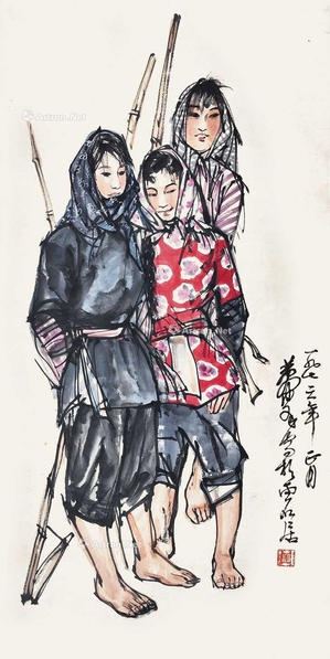 黄胄 三姐妹 立轴