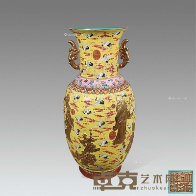 黄地粉彩描金八仙人物仙鹤祥云纹赏瓶 高55cm