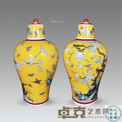 粉彩黄地花鸟纹将军罐一对 高44cm