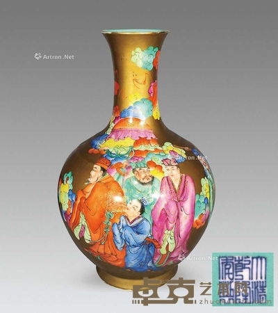 黄釉粉彩周文王访贤赏瓶 高39cm