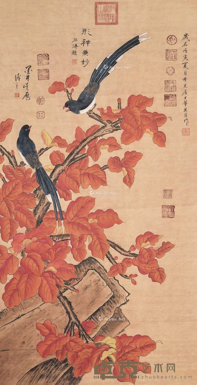 董其昌 花鸟图(多人题跋) 立轴 132×66cm
