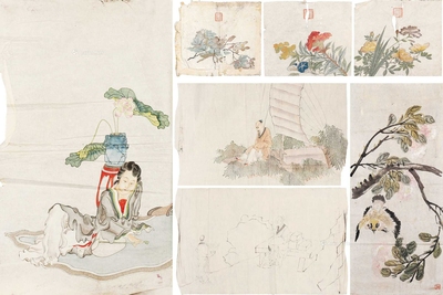 改琦 清代 人物画稿 乾隆御赏印花卉 （七件） 镜片