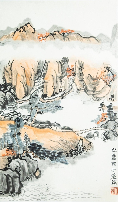 伍蠡甫 近代 浅洚山水 镜框
