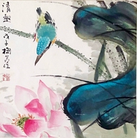 梅若 当代 荷花翠鸟 镜框