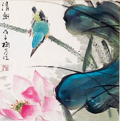 梅若 当代 荷花翠鸟 镜框