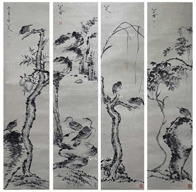 八大山人 款  花鸟 四条屏