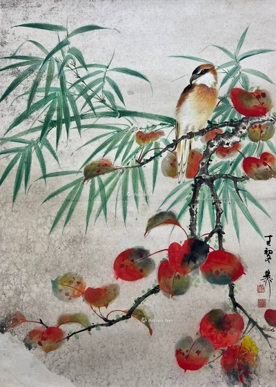 谢稚柳 款 红叶翠竹登高枝