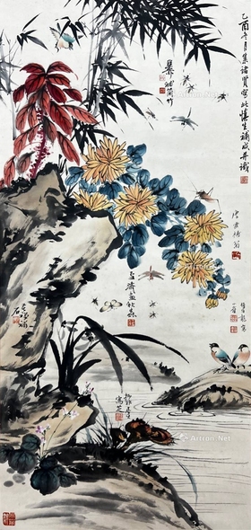 谢稚柳 款 汪慎生 款 唐云 款 颜伯龙 款 王雪涛 款 李苦禅 款 陆抑非 款 花卉秋虫图 立轴