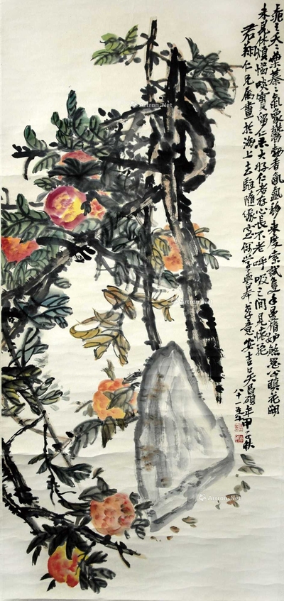 吴昌硕 款 寿桃灵石图 立轴