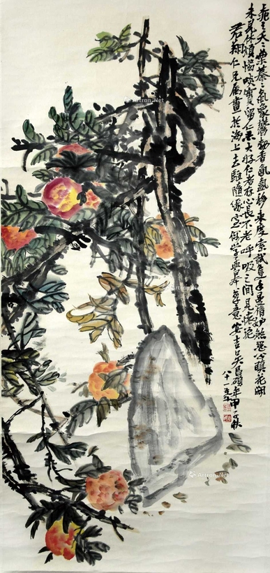 吴昌硕 款 寿桃灵石图 立轴