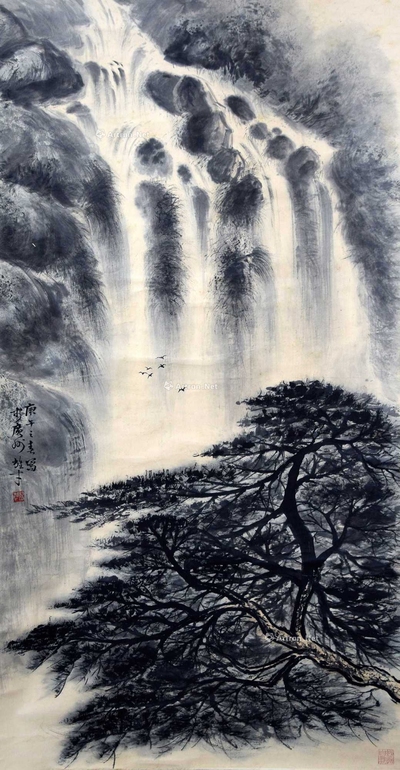 黎雄才 款 松瀑幽境 立轴