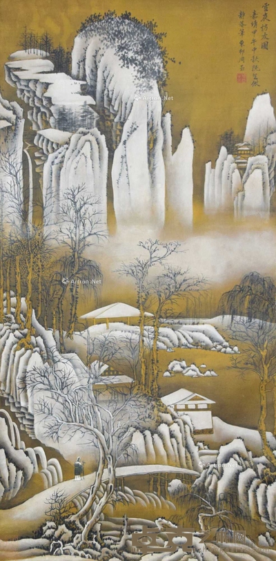 周臣 款 雪夜访友图 立轴 98×46cm