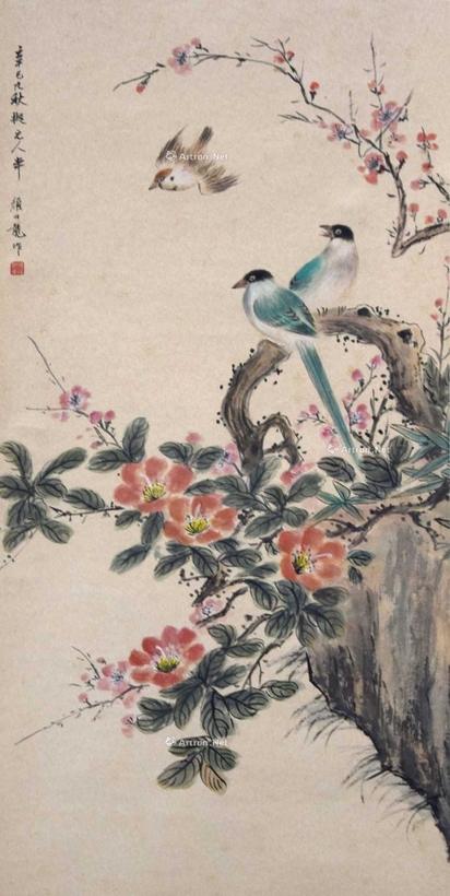 颜伯龙 款 花鸟迎春 立轴