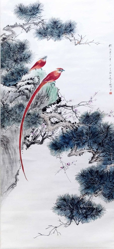 颜伯龙 款 松韵红禽 立轴