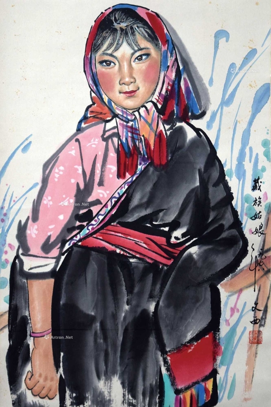 刘文西 款 藏族姑娘 立轴