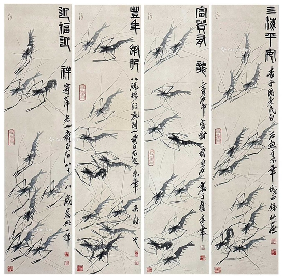 齐白石 款 虾趣四条屏 立轴