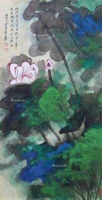 张大千 款 夏荷 立轴