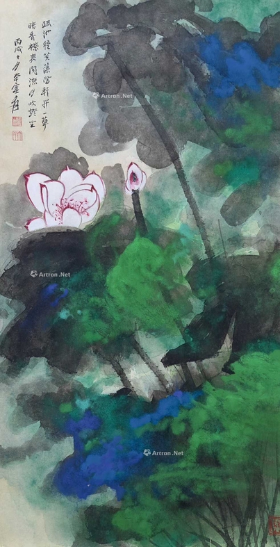 张大千 款 夏荷 立轴