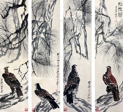 齐白石 款 松鹰图四条屏 立轴