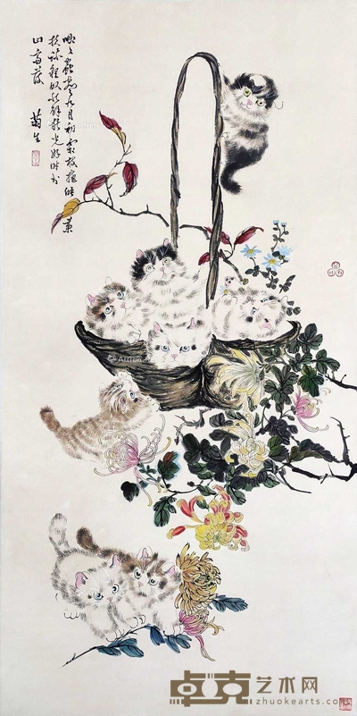 孙菊生 款 猫趣图 镜片 136×70cm