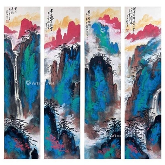 刘海粟 款 山水四条屏 立轴